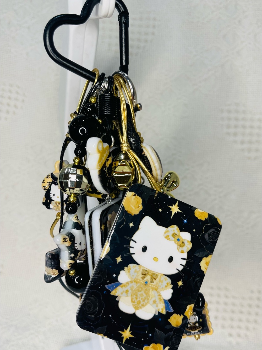 Sanrio Hello Kitty Black, White & Gold Starry Charm Keychain/Bag Charm
